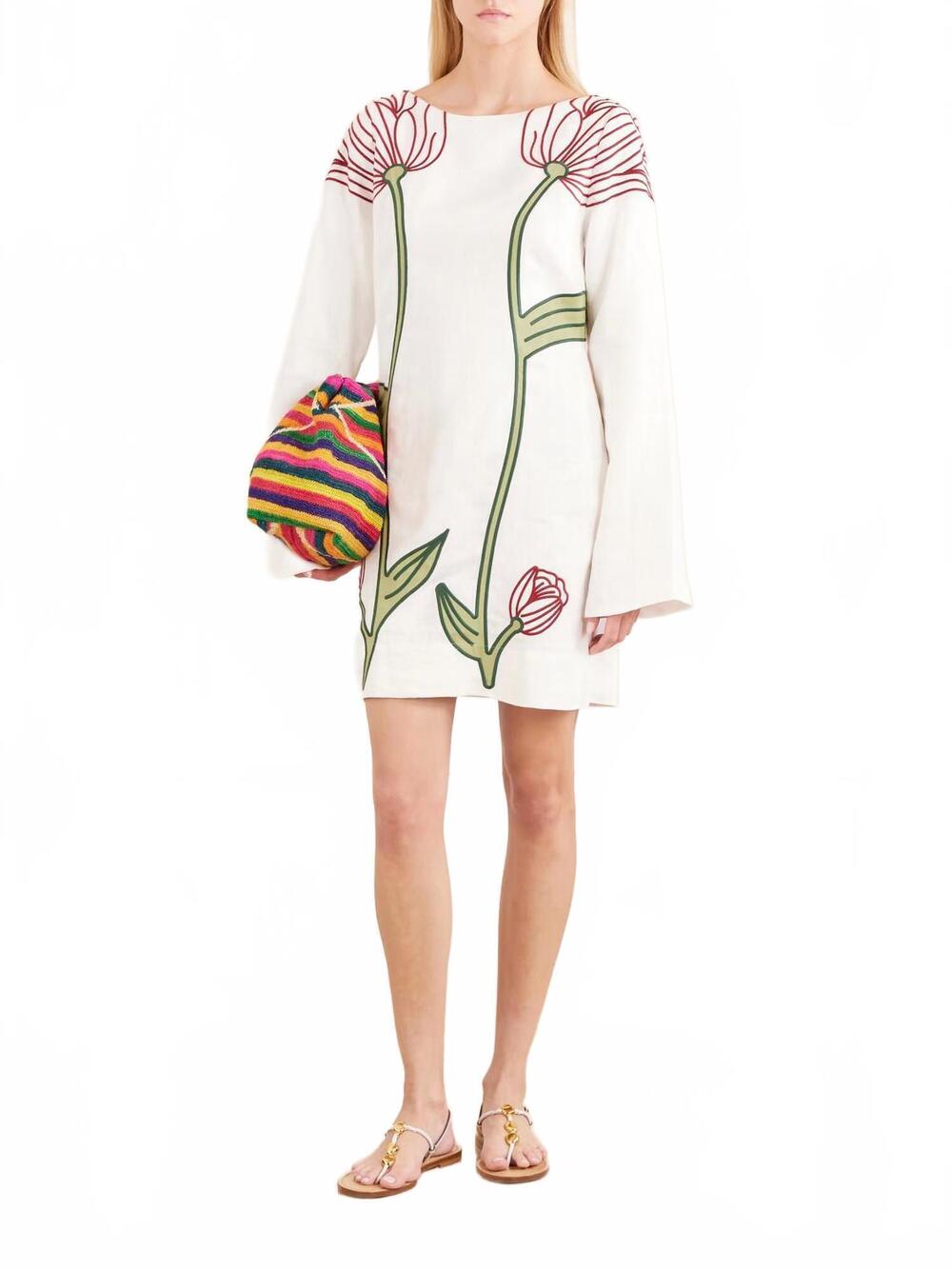 NEW FARM RIO flower long sleeve mini dress in off-white